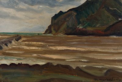 Skopelos, Brown Sea After Downpour — Oil painting, Fiberboard, 24.00×35.00cm — Theodoros Markellos